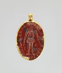 Jasper intaglio: Cock-headed anguipede, Jasper, red, gold, Roman 