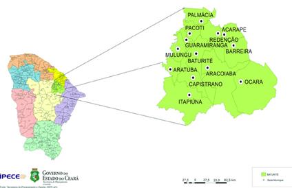Mapa do estado do Ceará, destacando a região do Maciço de Baturité.